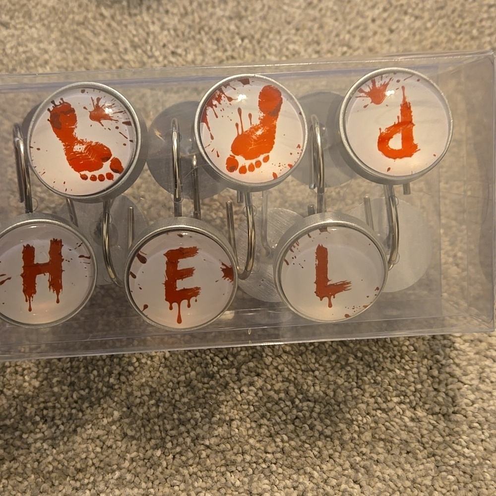 Halloween Help Me Scary Bloody Handprints Footprints Shower Curtain Hooks Set...